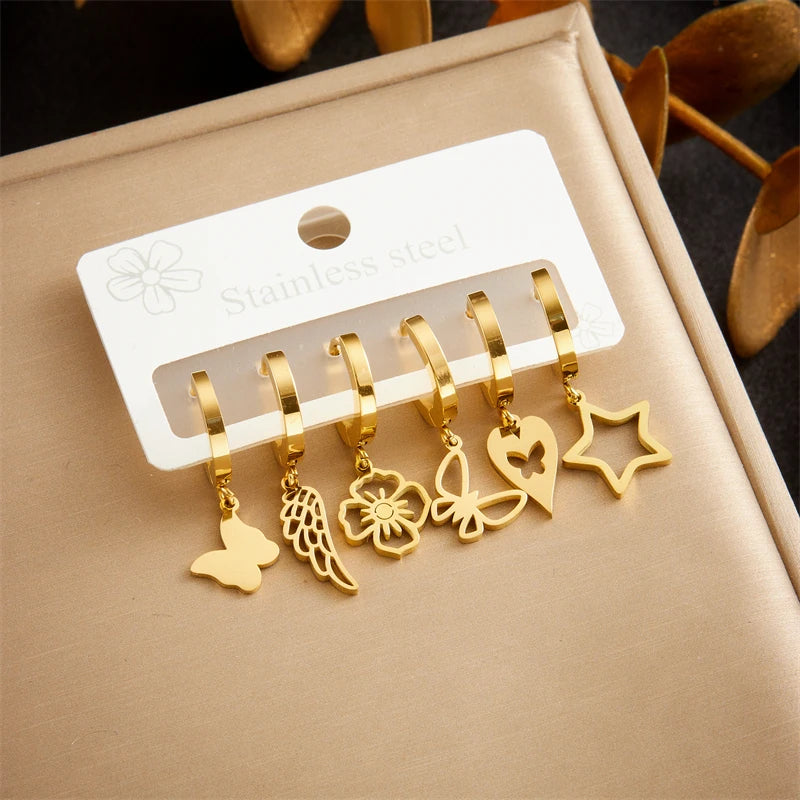 Golden Flower, Star & Moon Series – 6-Piece Stainless Steel Earring Set for Women