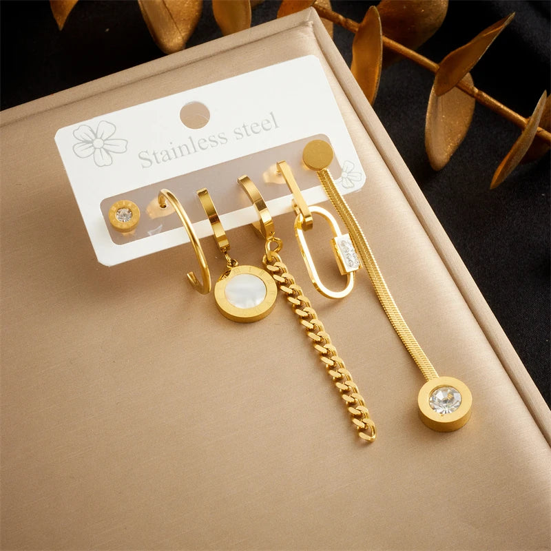 Golden Flower, Star & Moon Series – 6-Piece Stainless Steel Earring Set for Women