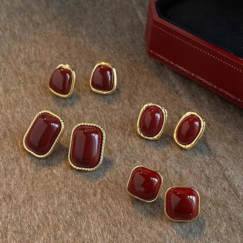 Vintage  Wine Red Stud Earrings