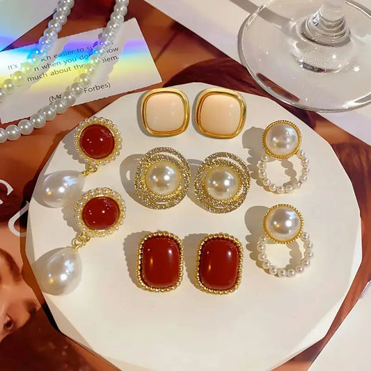 Pearl Wine Red Ear Clip Earrings