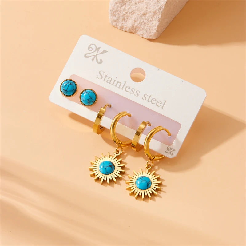 6PC Stainless Steel Golden Earrings Set – Blue Turquoise Stone | Delicate Trendy Jewelry for Women & Girls