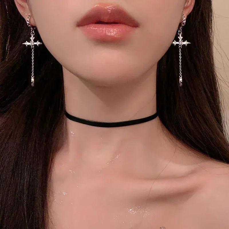 Korean Stylish Cross Arc Long Drop Earrings – Simple Hanging Design for Women
