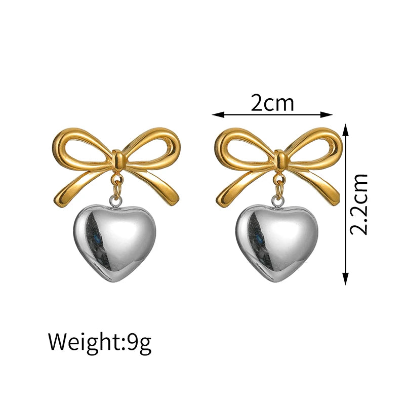 Two-Tone Heart Geometric Stud Earrings – Gold & Silver Color Stainless Steel Jewelry for Women