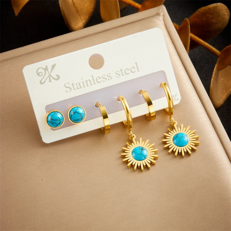 Golden Flower, Star & Moon Series – 6-Piece Stainless Steel Earring Set for Women
