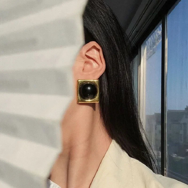 Retro Black & Gold Square Stud Earrings – Bold Medieval-Inspired Jewelry for Women