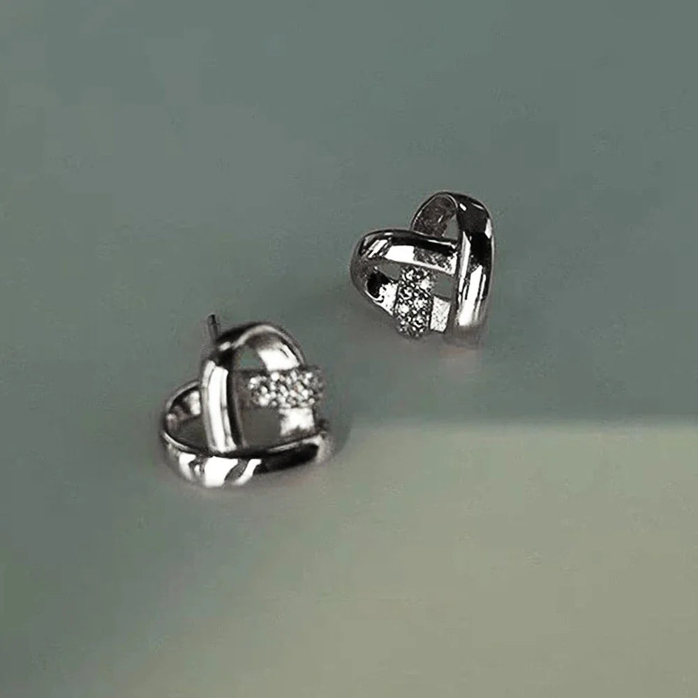 Eternity Love Heart Stud Earrings – Silver & Gold Color Piercing for Women