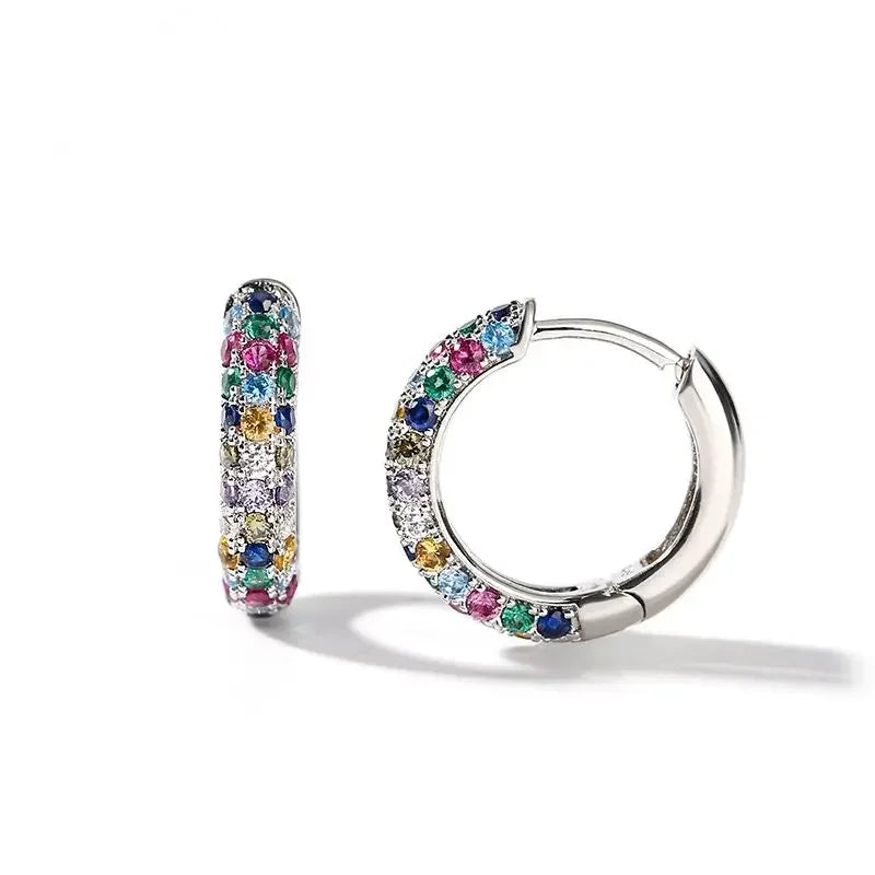 Women's Mini Round Silver Earring Set, Colorful Zircon Earrings, Luxury Jewelry, Fashion