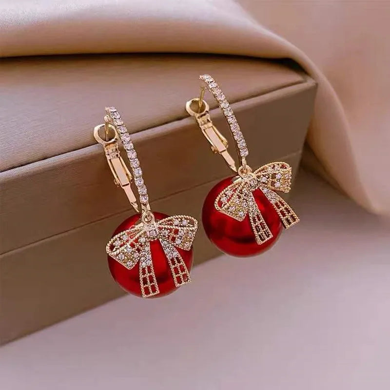 Bow Knot Round Pearl Pendant Earrings – Gold Color C-Shape Design for Women & Girls