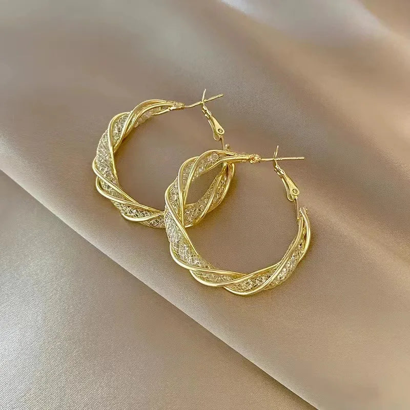 Gold Color Twist Round Hoop Earrings – Hollow Mesh Crystal Circle Design for Women