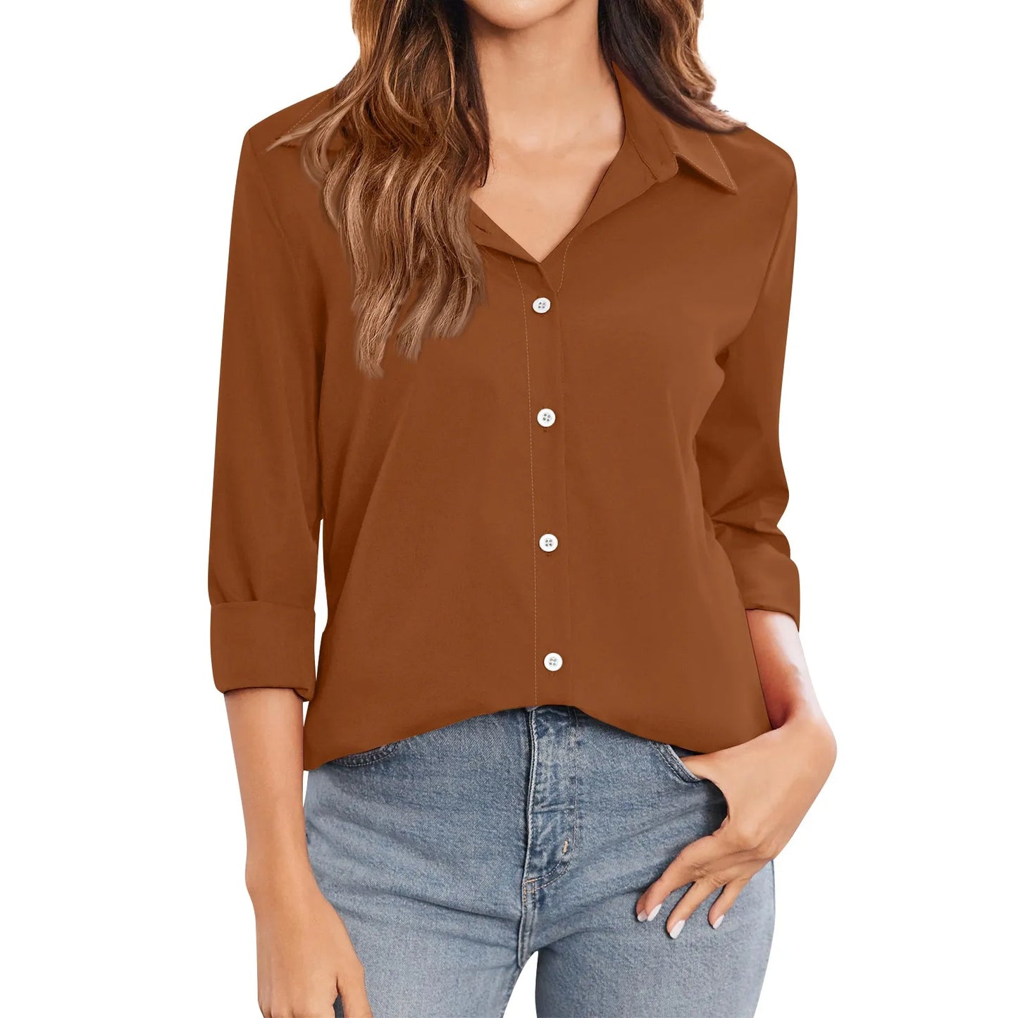 New Women's Elegant Long Sleeve Blouses – Casual Solid Color Button-Down Lapel Shirts, Loose Tunic Tops for Autumn and Winter