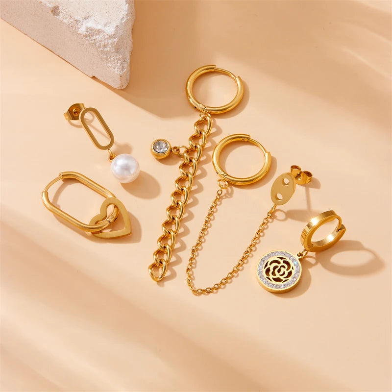 Stainless Steel Golden Flower, Star & Moon Series – 6-Piece Earring Set for Women