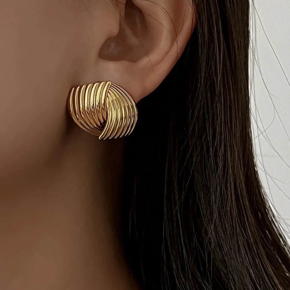 Stainless Steel Geometric Stud Earrings – Gold-Plated Twist Knot Statement Jewelry for Women