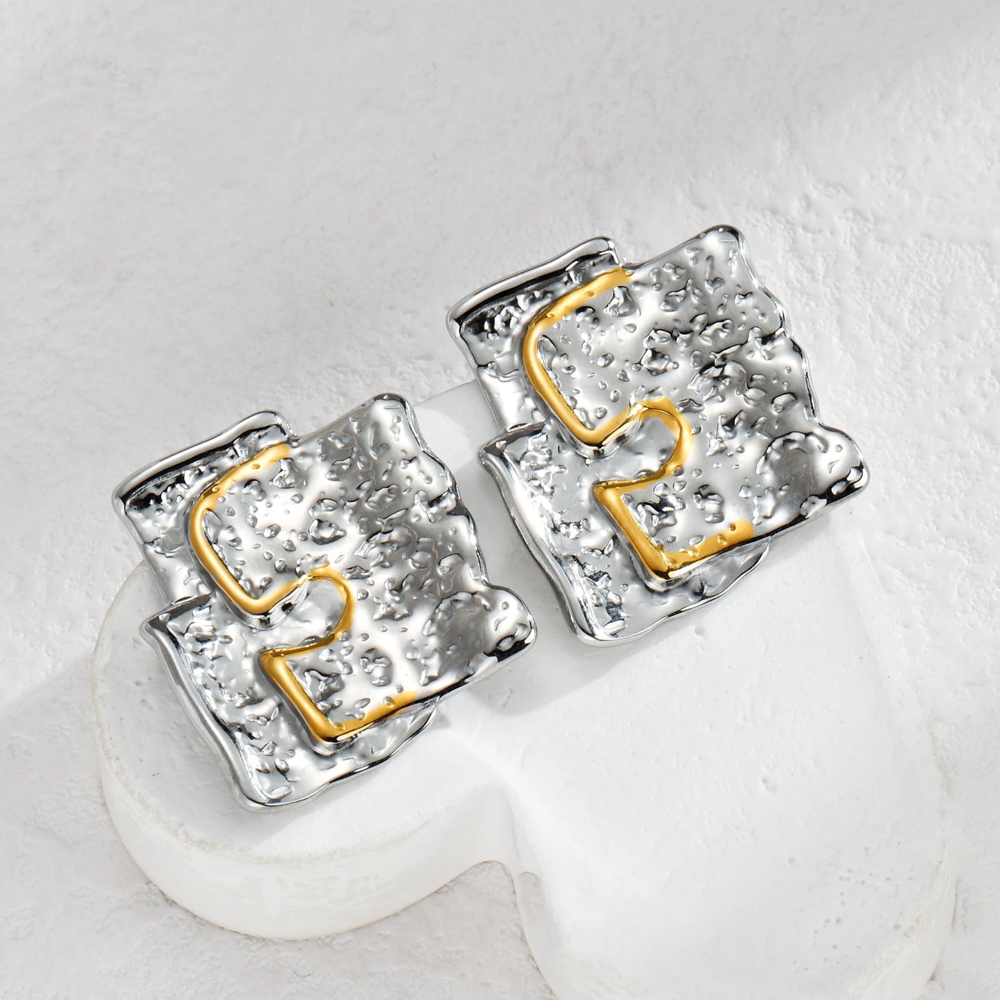 High-End Two-Tone Geometric Stud Earrings – Gold & Silver Color Stainless Steel for Women