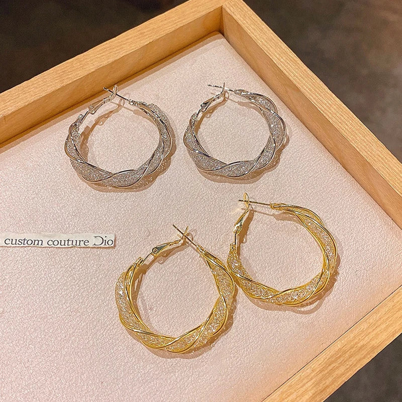 Gold Color Twist Round Hoop Earrings – Hollow Mesh Crystal Circle Design for Women