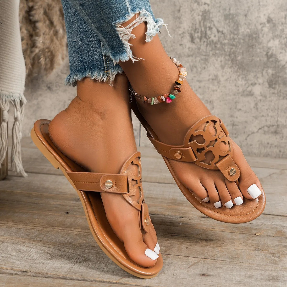 Women’s Summer Flat Slide Sandals – Plus Size Retro Flip Flops with Open Toe, Casual Outdoor Thong Slippers