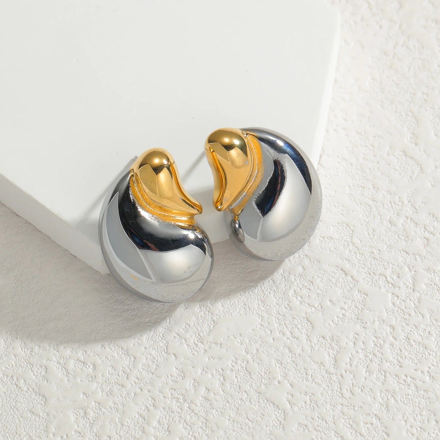 Two-Tone Heart Geometric Stud Earrings – Gold & Silver Color Stainless Steel Jewelry for Women