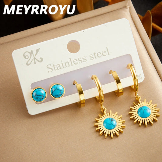 6PC Stainless Steel Golden Earrings Set – Blue Turquoise Stone | Delicate Trendy Jewelry for Women & Girls