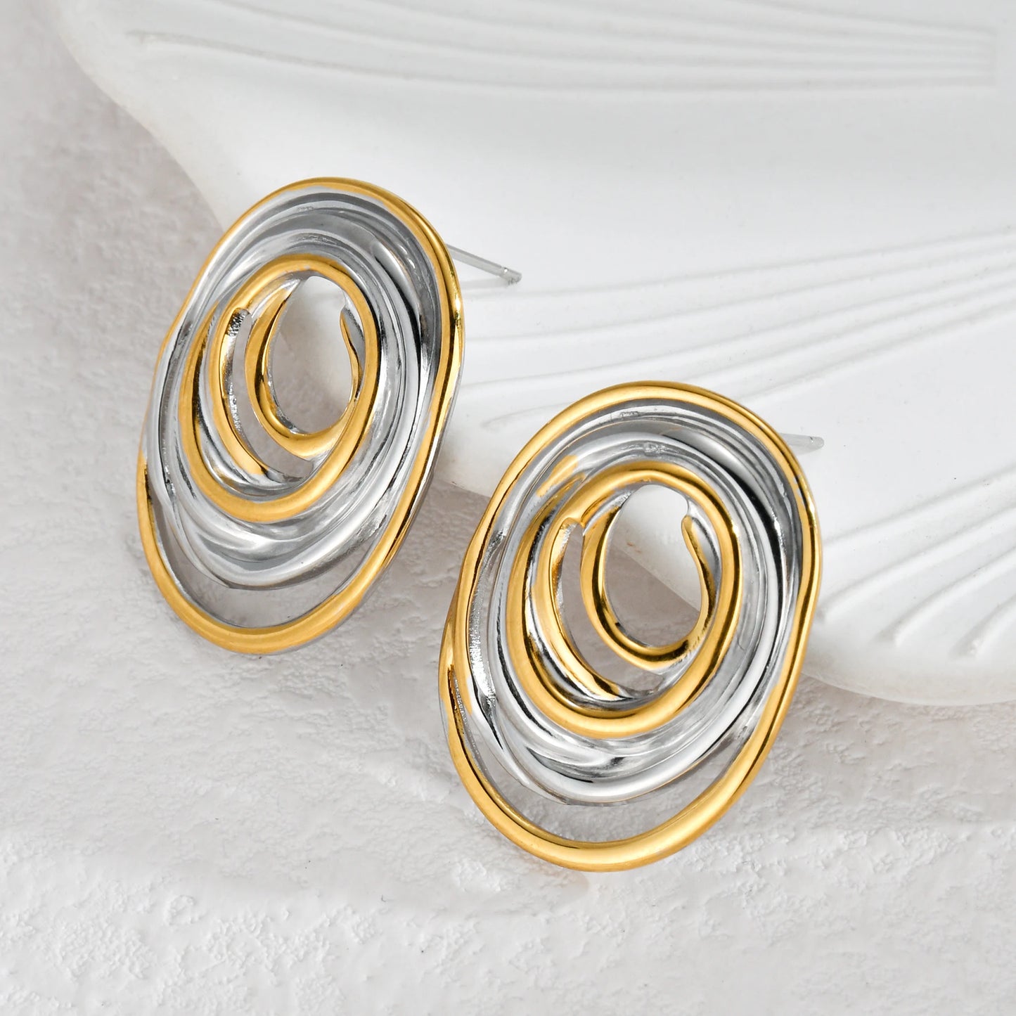 High-End Two-Tone Geometric Stud Earrings – Gold & Silver Color Stainless Steel for Women