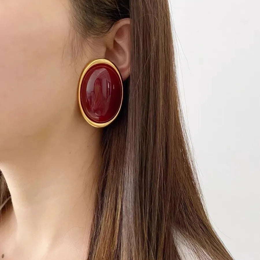 Vintage Red & Black Oval Resin Earrings – Bold Exaggerated Jewelry for Women & Girls