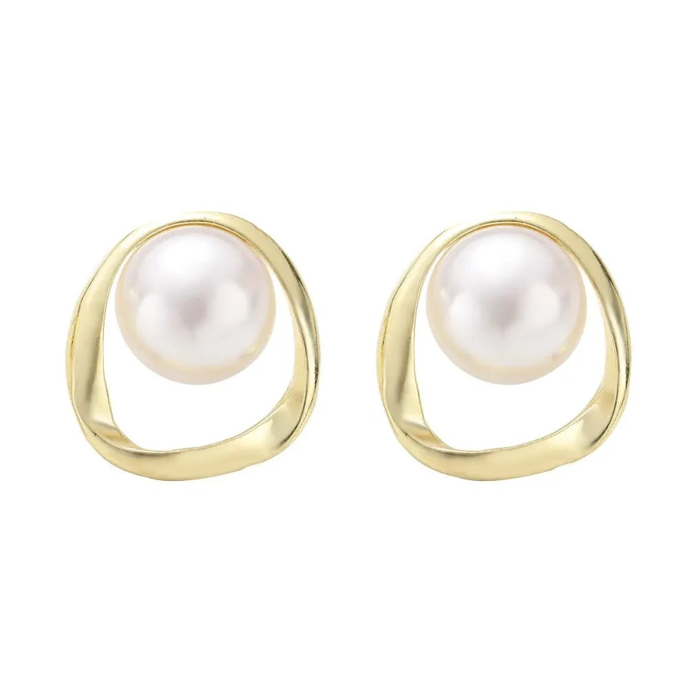 Imitation Pearl Round Stud Earrings – Gold Color, Irregular Korean Design for Women