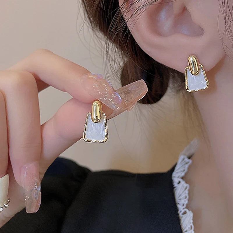 Classic Geometric White Crystal Drop Earrings – Elegant Long Square Design for Women