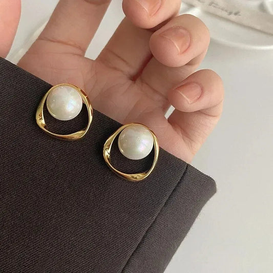 Imitation Pearl Round Stud Earrings – Gold Color, Irregular Korean Design for Women