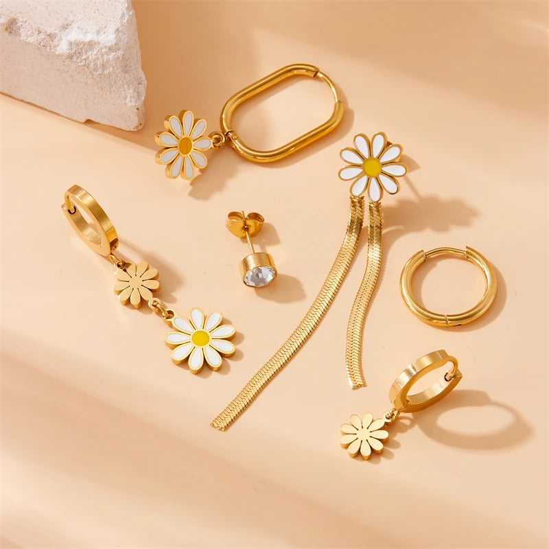 Stainless Golden Daisy 6-Piece Oval Earrings Set – 2025 Trendy Steel Jewelry for Women & Girls