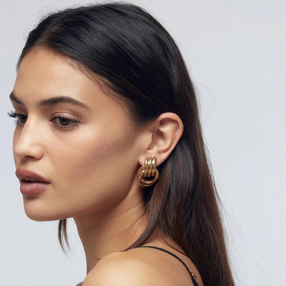 Stainless Steel Geometric Stud Earrings – Gold-Plated Twist Knot Statement Jewelry for Women