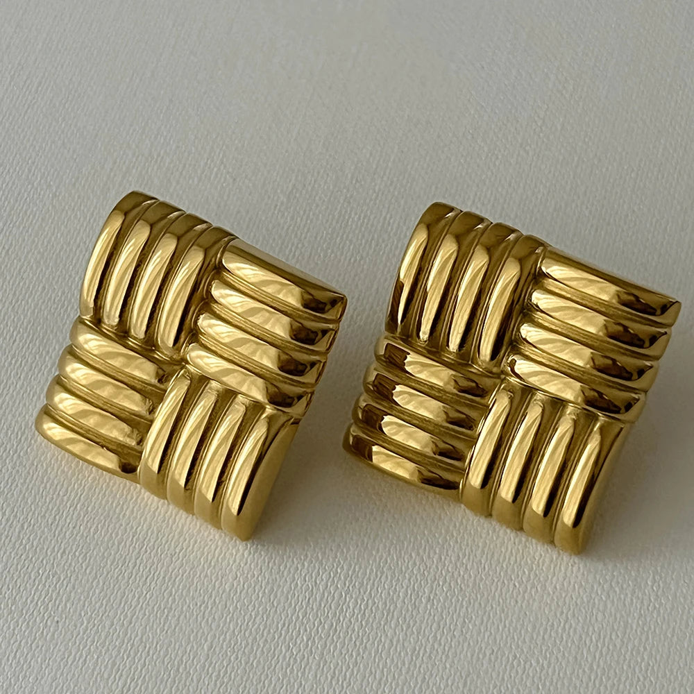 Stainless Steel Geometric Stud Earrings – Gold-Plated Twist Knot Statement Jewelry for Women