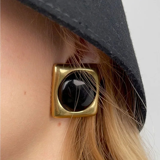 Retro Black & Gold Square Stud