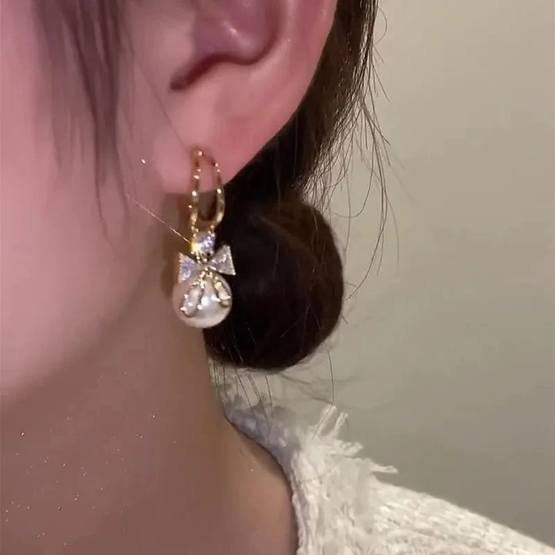Bow Knot Round Pearl Pendant Earrings – Gold Color C-Shape Design for Women & Girls