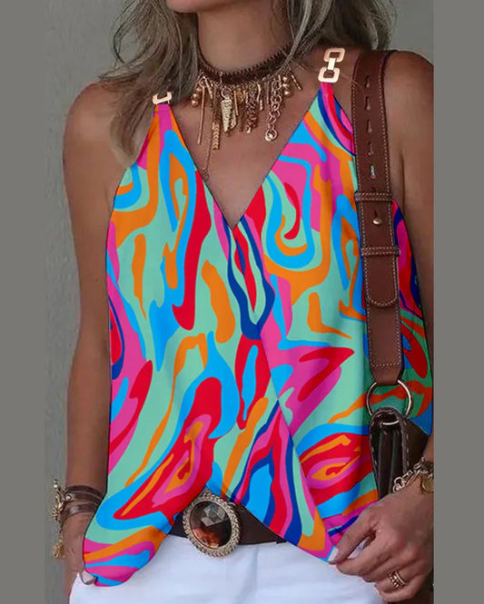 Women's  Print Sleeveless Tops Loose V Neck
