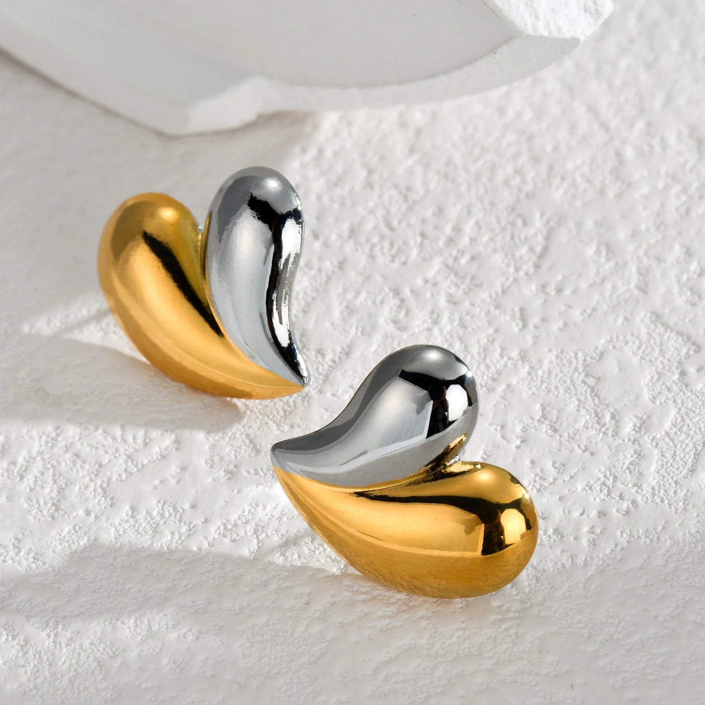 Two-Tone Heart Geometric Stud Earrings – Gold & Silver Color Stainless Steel Jewelry for Women