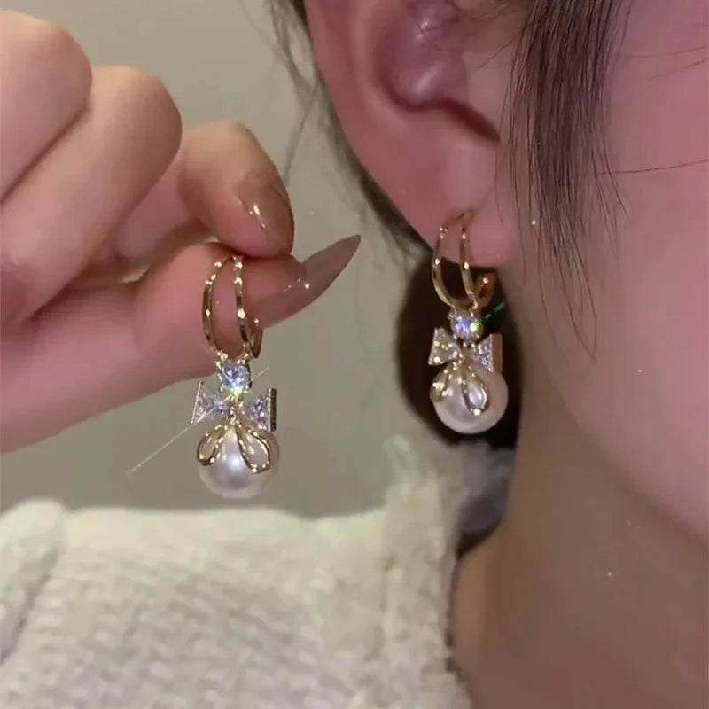 Bow Knot Round Pearl Pendant Earrings – Gold Color C-Shape Design for Women & Girls