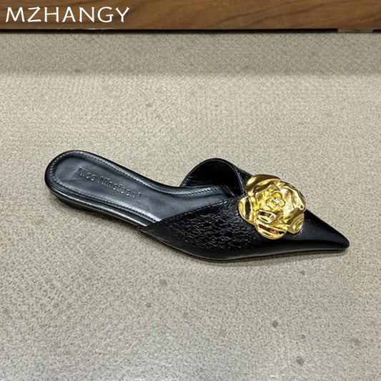2025 Women’s Floral Pointed-Toe Mules – Elegant Slingback Flat Slippers, Summer Luxury Slides for Women