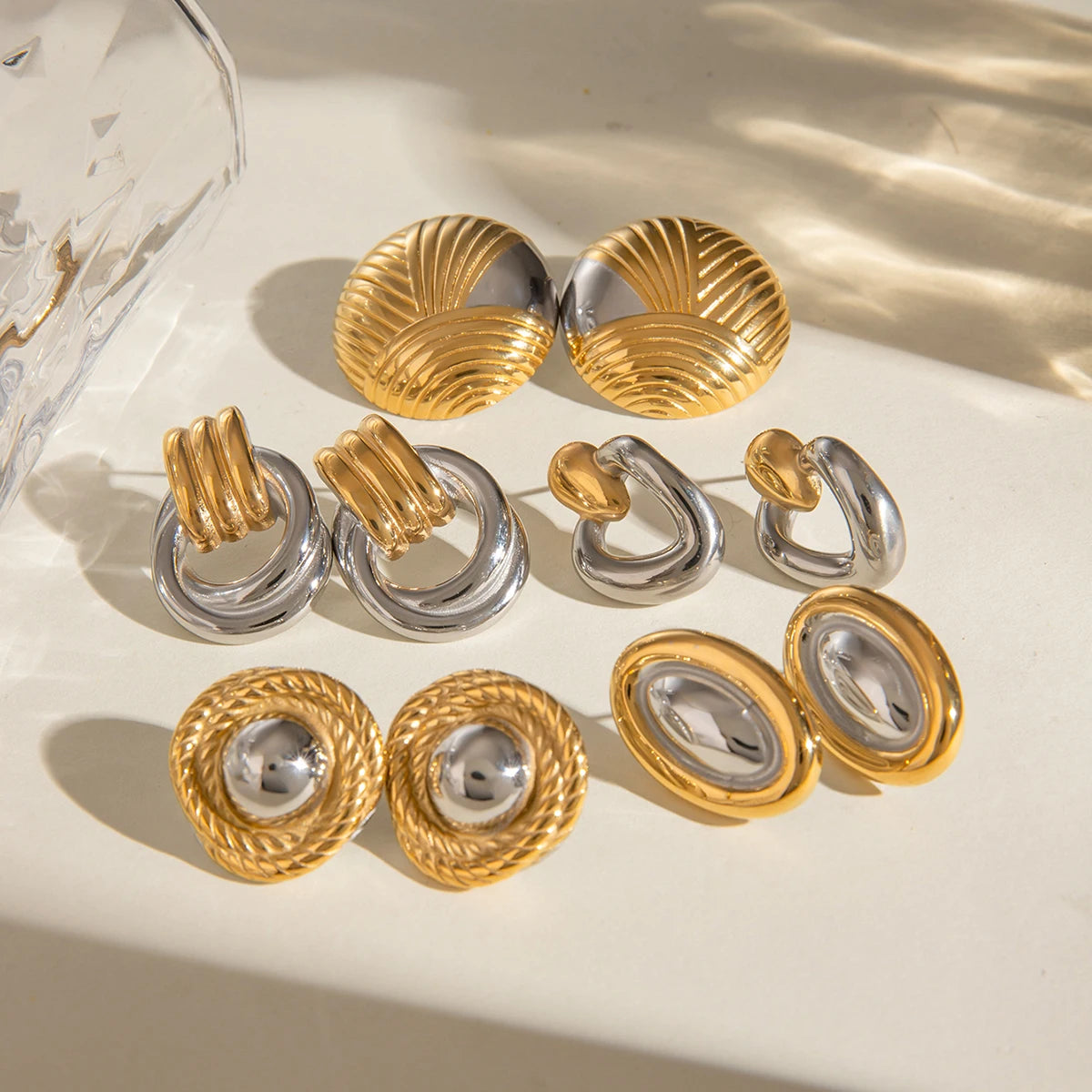 Two-Tone Fluted Square Fan Earrings – Gold & Silver Color Art Deco Revival Design