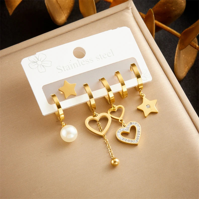 Golden Flower, Star & Moon Series – 6-Piece Stainless Steel Earring Set for Women