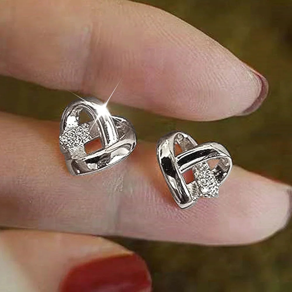 Eternity Love Heart Stud Earrings – Silver & Gold Color Piercing for Women