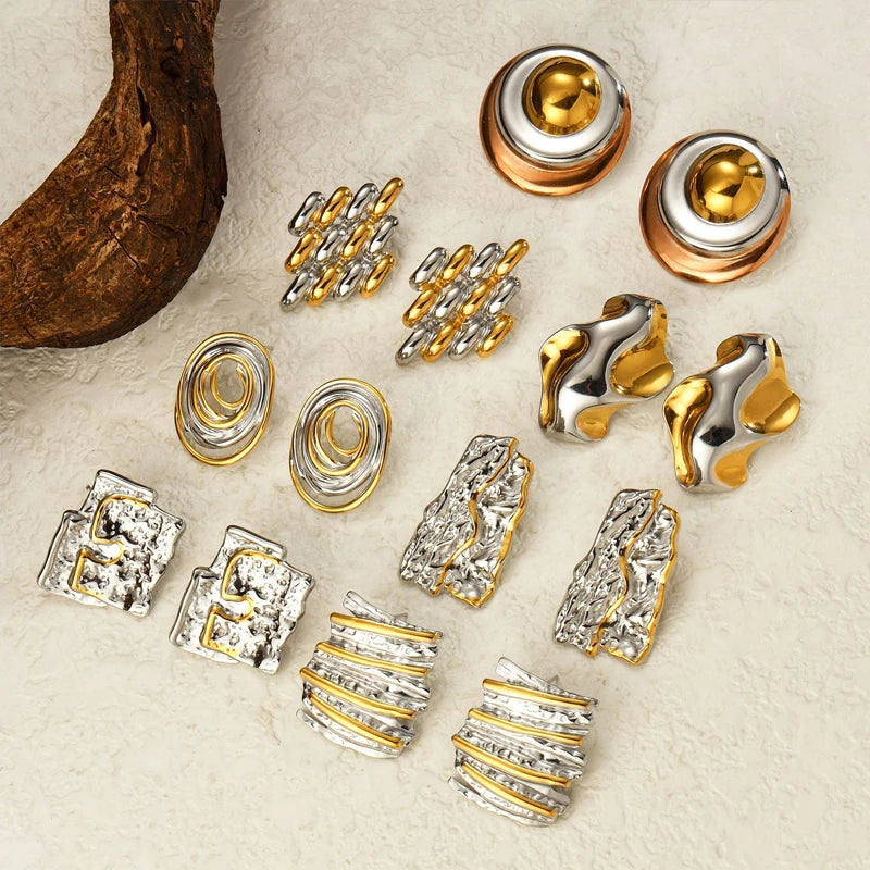 Two-Tone Heart Geometric Stud Earrings – Gold & Silver Color Stainless Steel Jewelry for Women