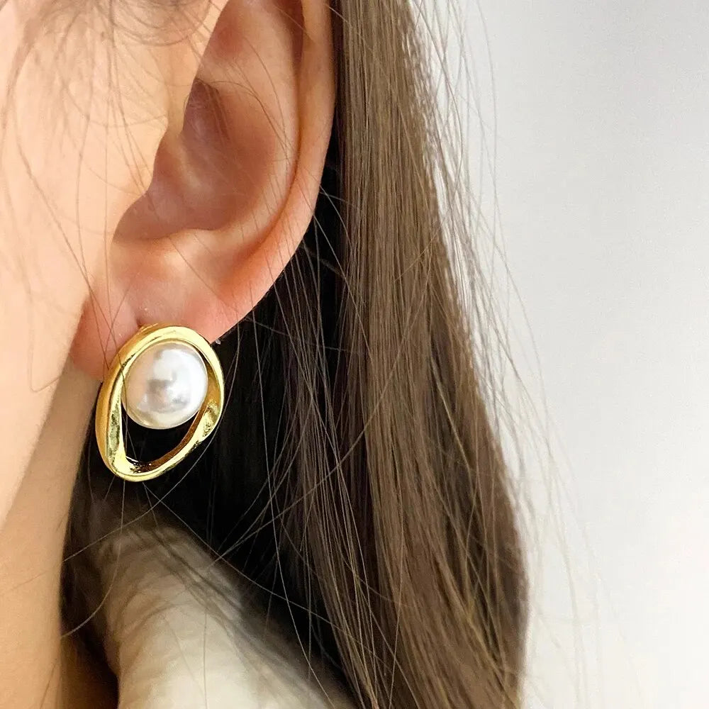 Imitation Pearl Round Stud Earrings – Gold Color, Irregular Korean Design for Women