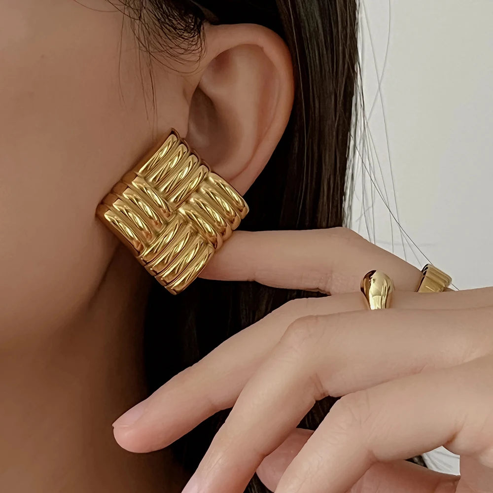 Stainless Steel Geometric Stud Earrings – Gold-Plated Twist Knot Statement Jewelry for Women