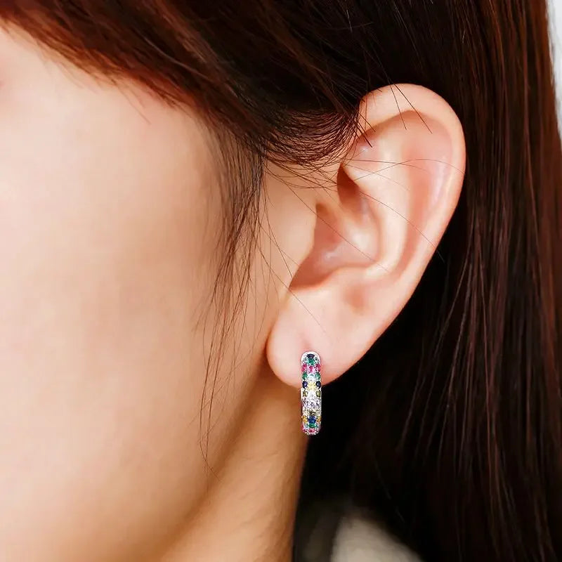 Women's Mini Round Silver Earring Set, Colorful Zircon Earrings, Luxury Jewelry, Fashion