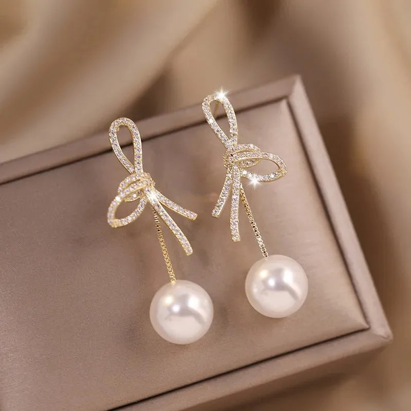 Bow Knot Round Pearl Pendant Earrings – Gold Color C-Shape Design for Women & Girls