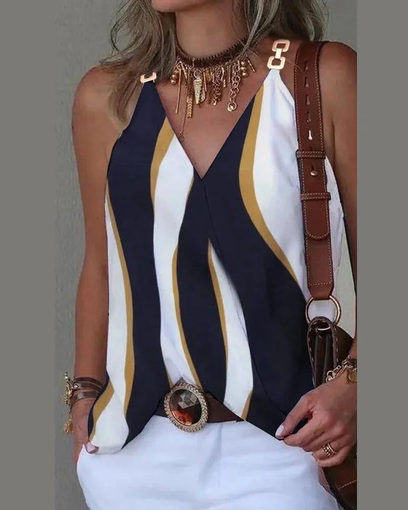 Women's  Print Sleeveless Tops Loose V Neck