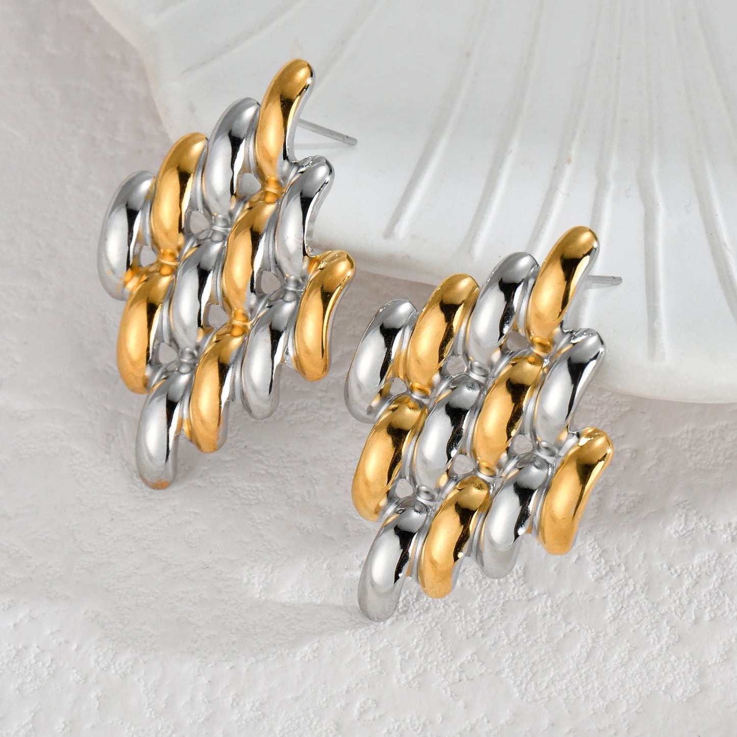 High-End Two-Tone Geometric Stud Earrings – Gold & Silver Color Stainless Steel for Women