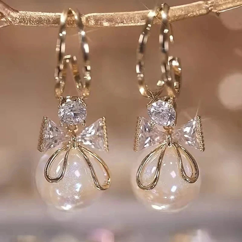 Bow Knot Round Pearl Pendant Earrings – Gold Color C-Shape Design for Women & Girls