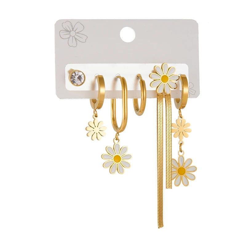 Stainless Golden Daisy 6-Piece Oval Earrings Set – 2025 Trendy Steel Jewelry for Women & Girls