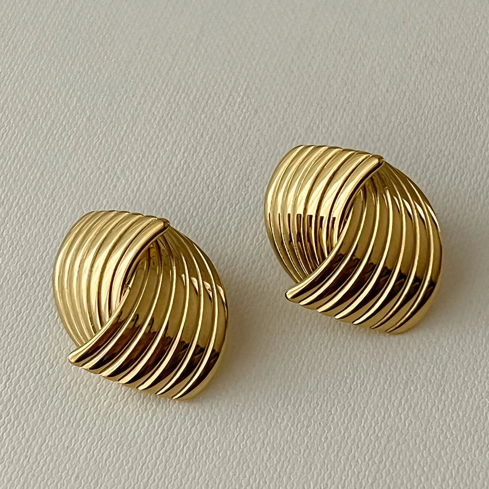 Stainless Steel Geometric Stud Earrings – Gold-Plated Twist Knot Statement Jewelry for Women