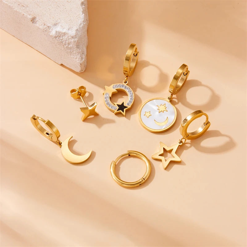 Golden Flower, Star & Moon Series – 6-Piece Stainless Steel Earring Set for Women