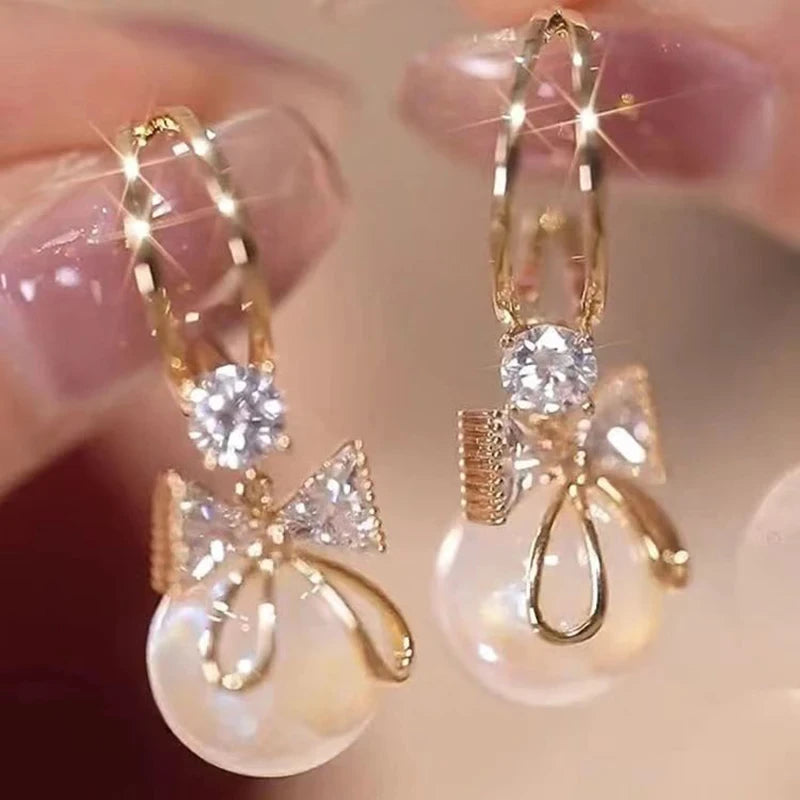 Bow Knot Round Pearl Pendant Earrings – Gold Color C-Shape Design for Women & Girls
